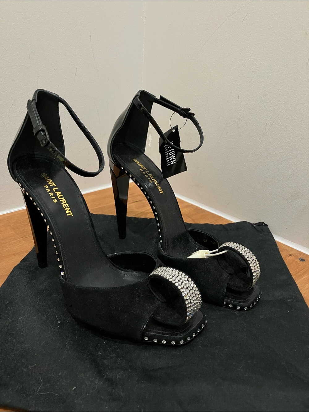 Saint Laurent Black Suede Crystal-Embellished Ankle-Strap Heels